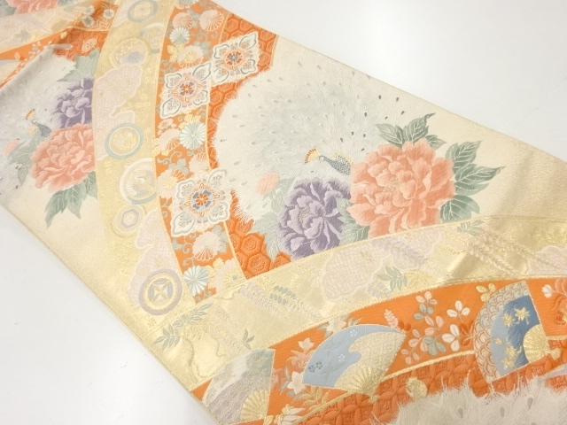 JAPANESE FUKURO OBI / WOVEN FLOWERS & FOLDING FAN PATTERN
